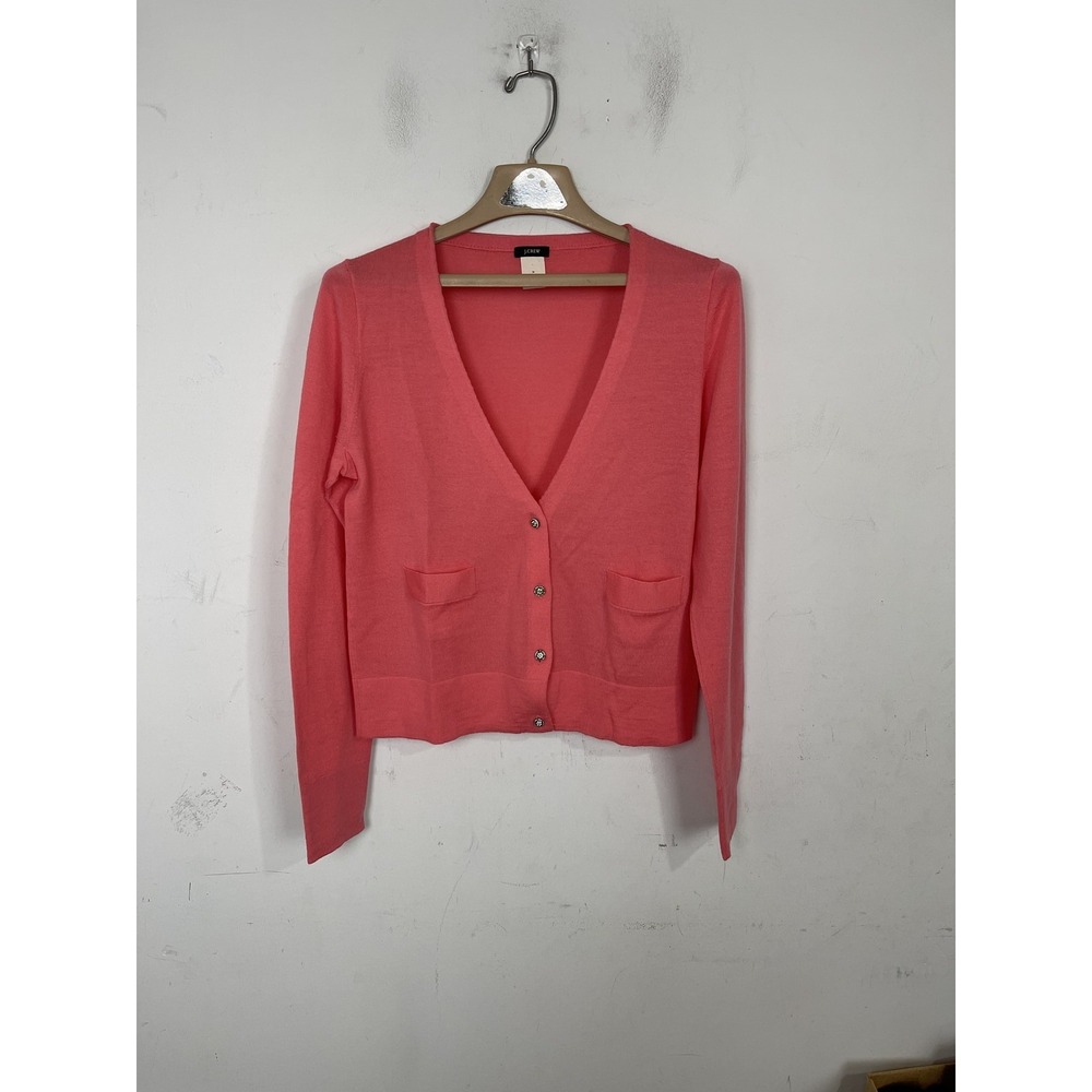 J.Crew Womens‎ M Pink 100% Merino Wool V-Neck Cardigan Sweater Pockets